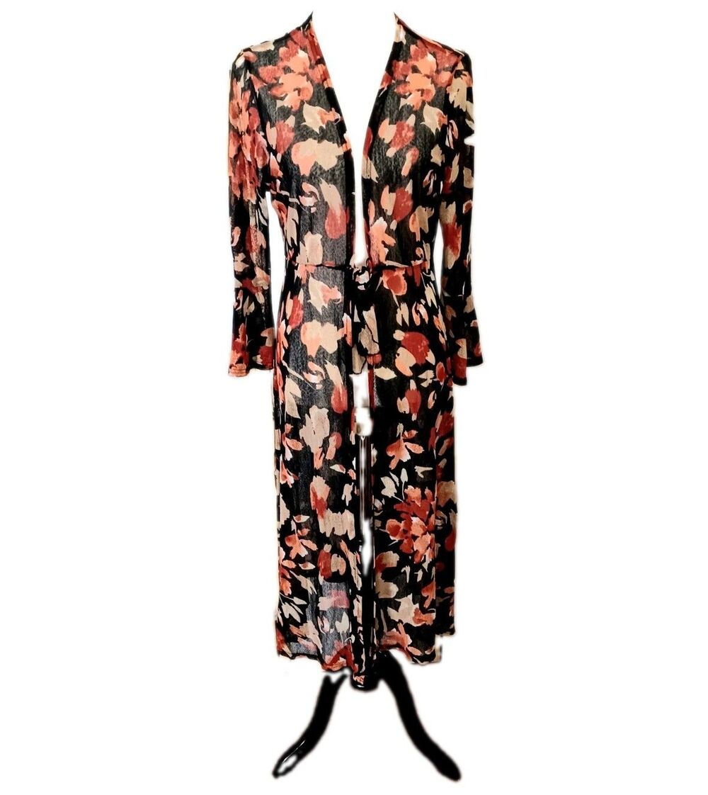 Ember Women's Black Floral Boho Sheer Mesh Cardigan/ Swimsuit Coverup Size Large
